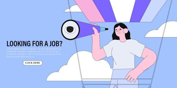 女人乘坐热气球，用望远镜寻找工作或职业机会。个人成长或选择。搜索过程横幅，广告，登陆页或海报的网页，启动或课程。图片下载