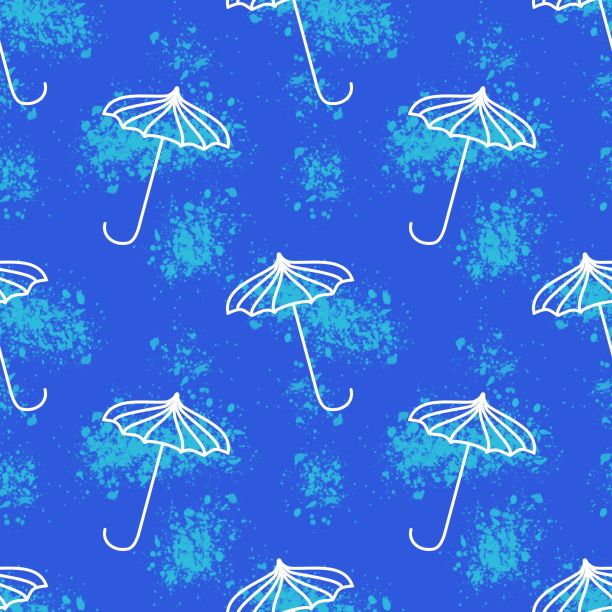 无缝模式的线条艺术伞，涂鸦风格的插图在蓝色背景与油漆飞溅图片下载