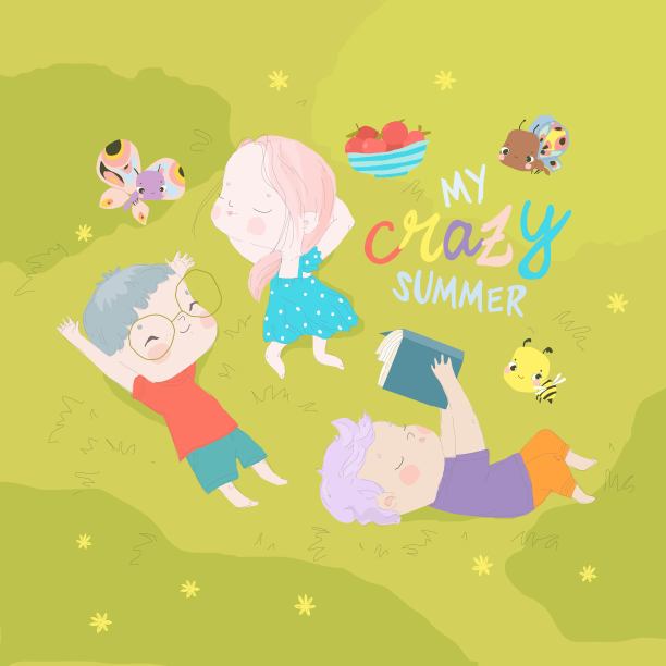 快乐的孩子们躺在草地上。你好,夏天图片下载