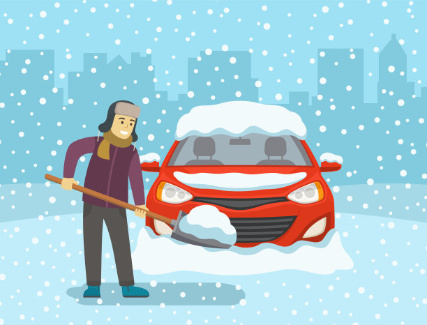 冬季汽车驾驶季节。男子用铲子清理积雪。前面的汽车被雪覆盖。图片下载