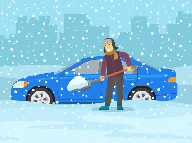 在冬天开车。一名男子用铲子清理被困在雪中的汽车。一辆被雪覆盖的汽车的侧视图。图片下载
