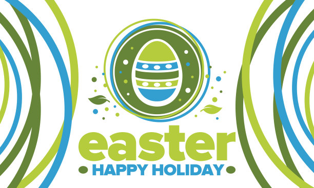 四月复活节快乐。纪念基督复活的基督教春季假日。圣经的历史。传统的彩蛋染色图案，小朋友们寻找彩蛋的有趣游戏。向量图片下载