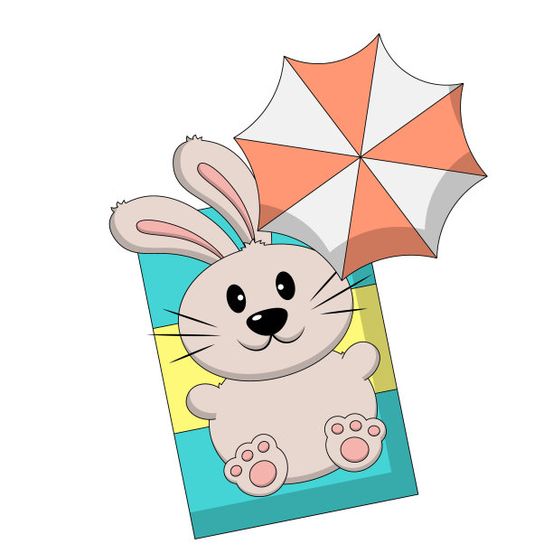 可爱的兔子在沙滩垫子上晒太阳，伞的颜色图片下载