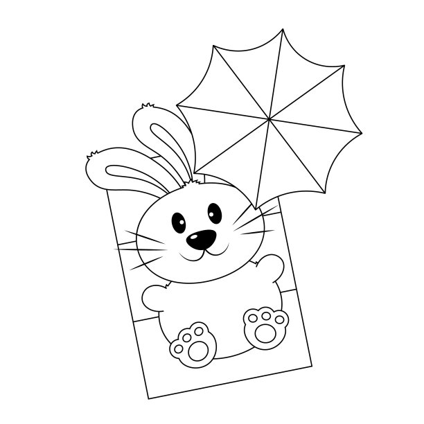 可爱的兔子在沙滩垫子上晒太阳，伞在黑色和白色图片下载