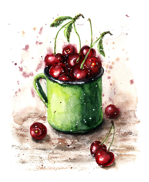 绿色杯子里樱桃的明亮素描图片下载