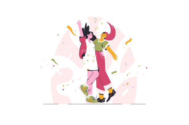 欢乐的卡通人物在五彩纸屑中庆祝。有趣的生日派对。朋友们庆祝活动。跳舞图片下载