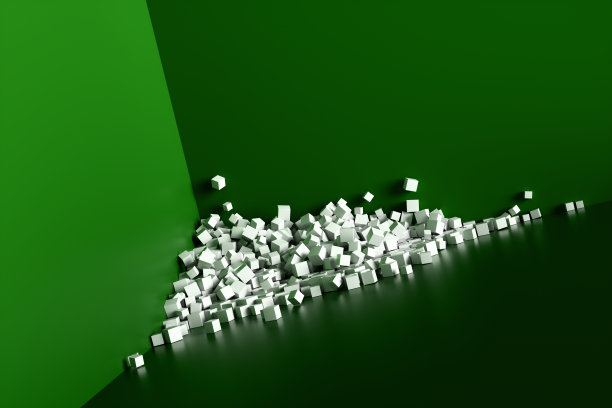 绿色墙壁旁的一大堆抽象的白色立方体。背景3d渲染插图。图片下载