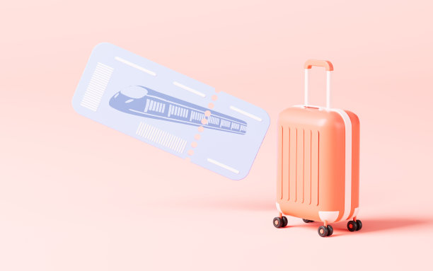 粉色背景的卡通行李和火车票，3d渲染。图片下载