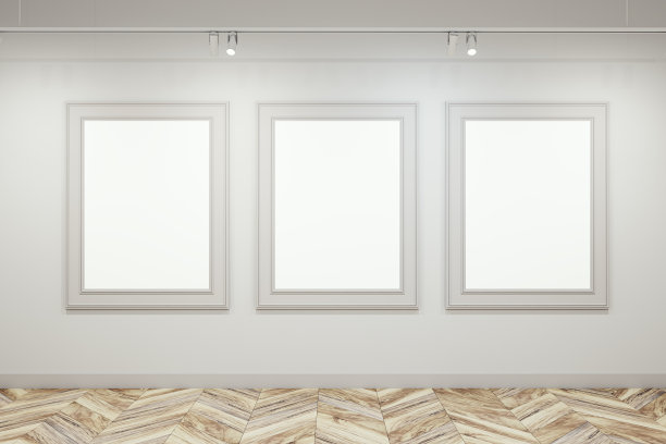 当代画廊内部与空白色模拟海报框架混凝土墙和木地板。3 d渲染。图片下载