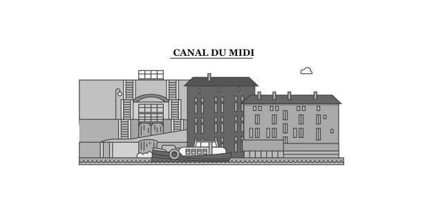 法国杜米迪运河城市天际线孤立矢量插图，图标图片下载