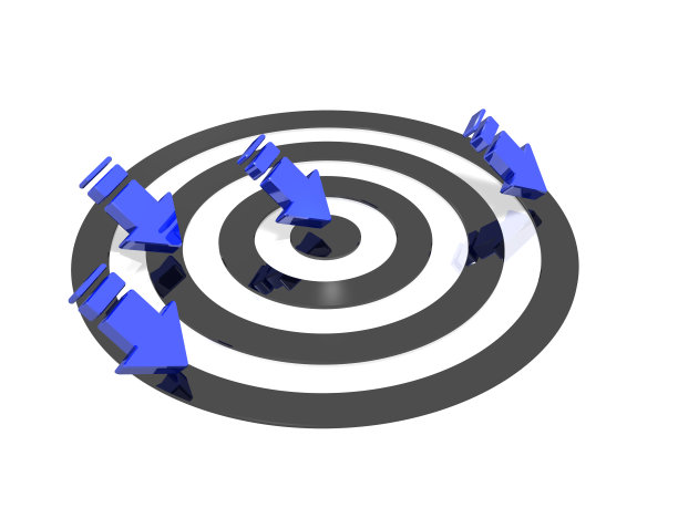 多支箭雨点般落在目标上。表示准确度的抽象概念。命中和饱和攻击。确定攻击。3 d渲染。图片下载