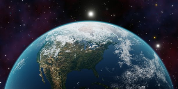 美丽的3d地球星球3d渲染。气候变化、黑夜、城市灯光、日出的概念。世界行星卫星，恒星，星云和星系。外太空的日出图片下载