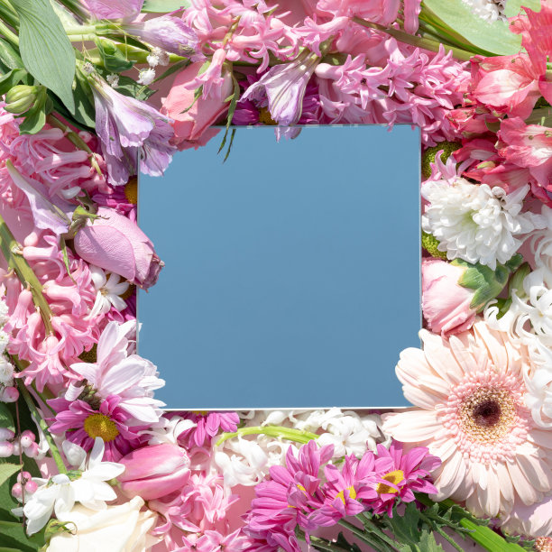 五彩缤纷的春天花朵在背景与镜子反射天空。图片下载