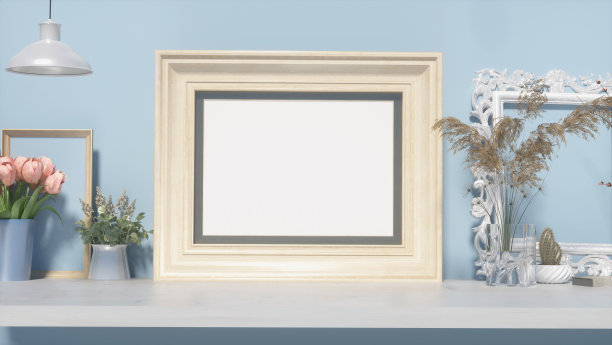 艺术打印和照片模型在时尚的框架。墙壁上的空白木框与陶瓷花瓶与干燥的植物，3d渲染图片下载