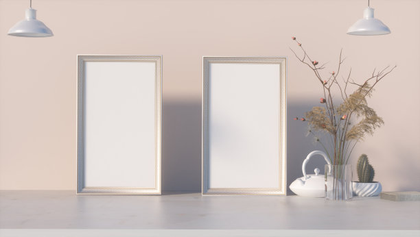艺术打印和照片模型在时尚的框架。墙壁上的空白木框与陶瓷花瓶与干燥的植物，3d渲染图片下载