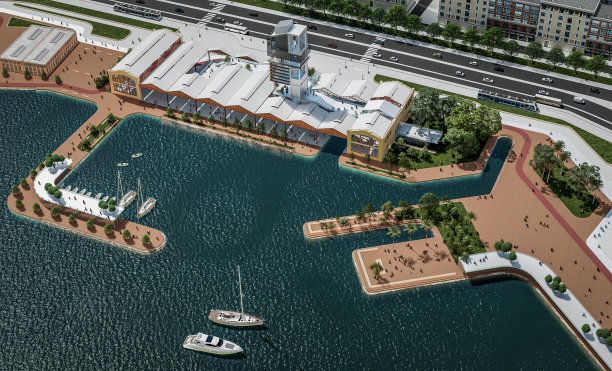 3D渲染鸟瞰图的城市港口新项目与塔，亭台楼阁和绿地图片下载