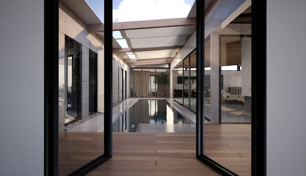 3D渲染门打开泳池露台视图。图片下载