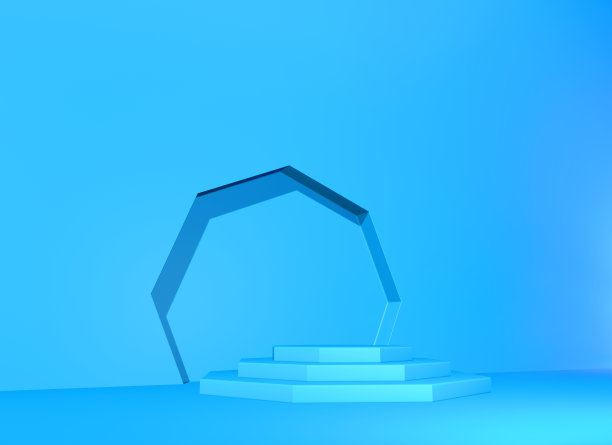 基座或讲台与步骤和墙拱在蓝色抽象背景。三维演示图片下载