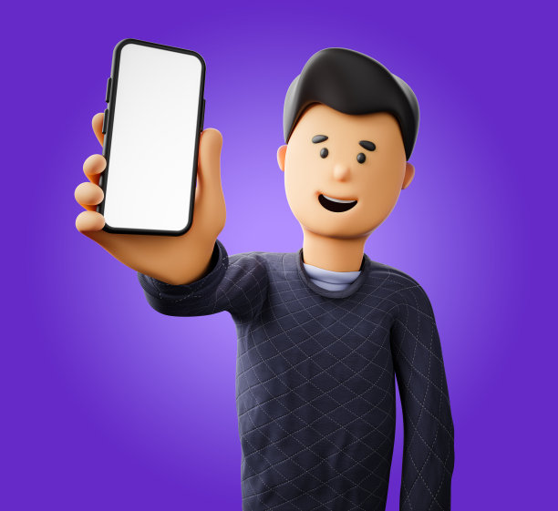 一个卡通人物拿着一部空白屏幕的智能手机，向人们展示。用于应用程序或其他用途的模板图片下载