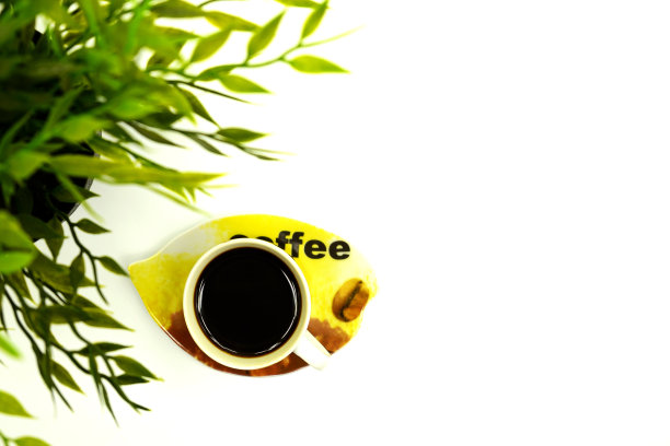 花盆里的人造绿花，咖啡杯里的一杯咖啡图片下载