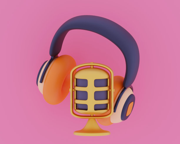 3d金色麦克风复古声乐无线电设备播客仪器与耳机图片下载