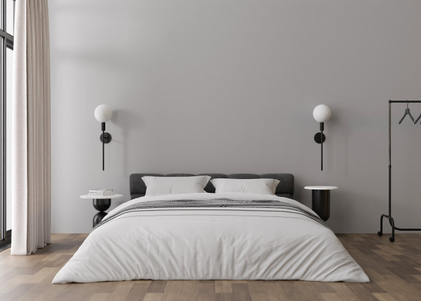 室内模拟，阁楼风格。现代卧室的空墙。复制空间的艺术作品，图片，海报。当代风格的室内设计。带床的公寓或酒店房间。3 d渲染。图片下载