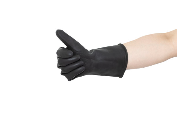 无法辨认的人，拇指朝上，戴着白色背景的黑色橡胶手套。像信号。图片下载