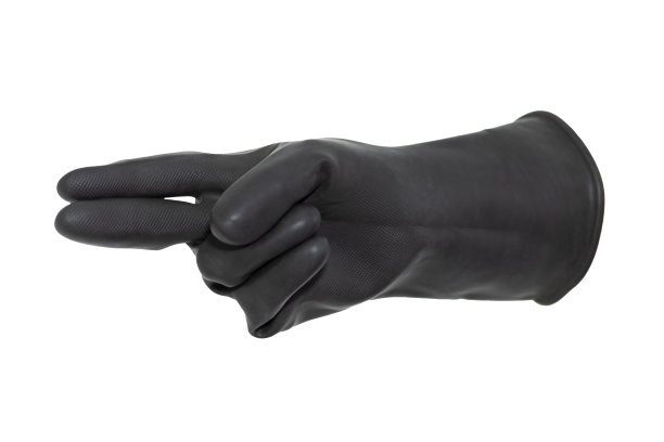 一只孤立的黑色橡胶手套，用两根手指(食指和中指)指着白色背景图片下载