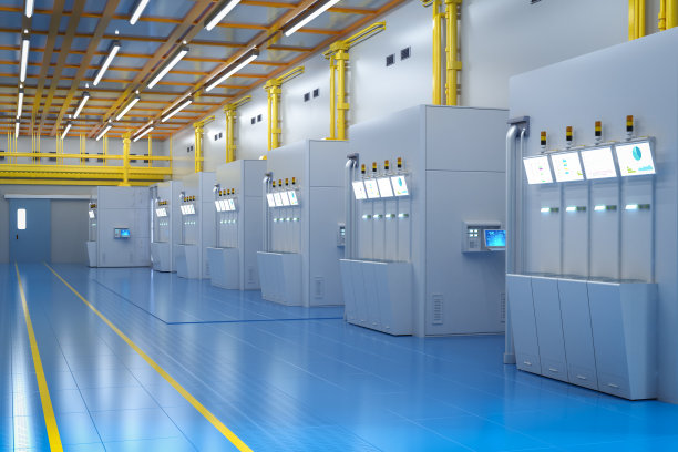 白色未来半导体制造工厂或实验室内部与机器和计算机屏幕图片下载