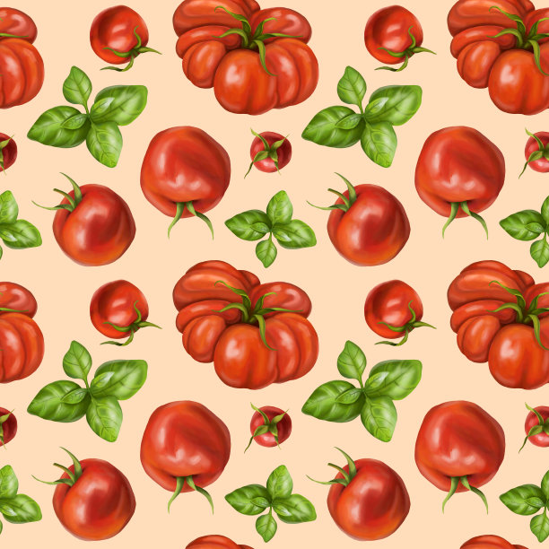 无缝手绘图案与红番茄，圣女果和basilic。植物背景的纺织品，织物，包装纸，和其他设计。桃色背景上的数字插图图片下载