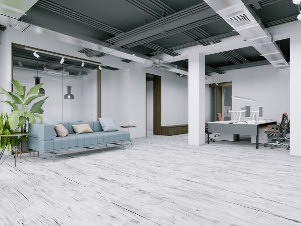 休闲和等候区位于开放式办公室，配有软垫家具。图片下载