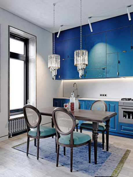 现代经典的厨房，黑色的餐桌和椅子，浅蓝色的厨房家具和白色的墙壁。图片下载