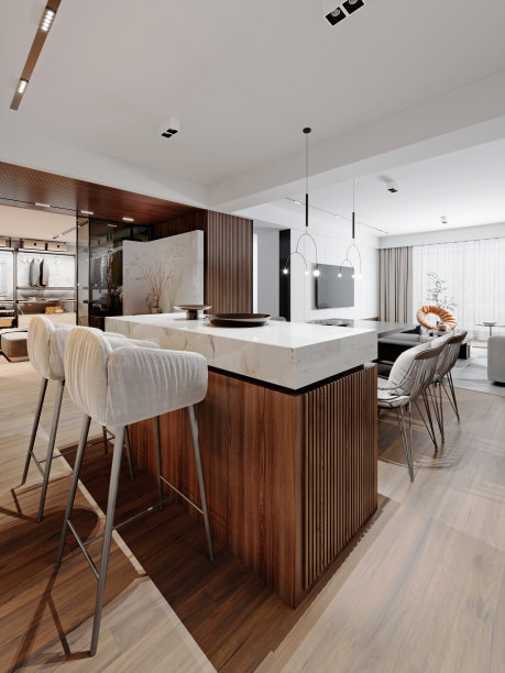 设计师厨房工作室和客厅，带厨房岛，附带餐桌，浅色设计师椅子和板条家具。图片下载