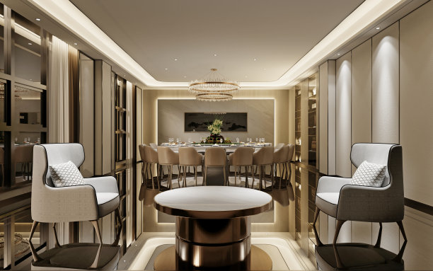 时尚经典风格的大客厅，设有休息区，配有两把白色扶手椅和一张杂志桌和一张大圆形餐桌。图片下载