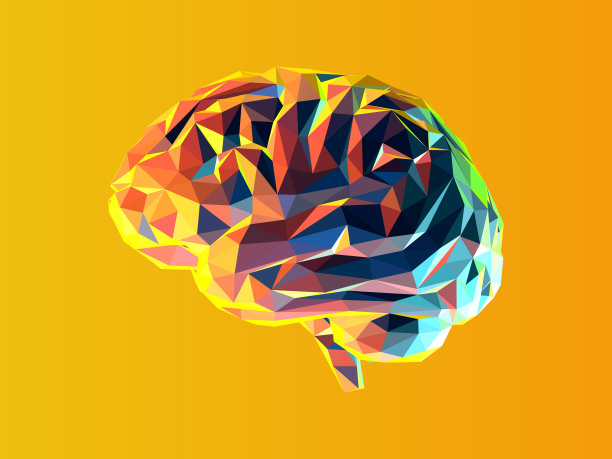 彩色低多边形大脑插图隔离在亮黄色BG图片下载