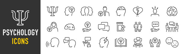 线性风格的心理学网络图标集：心理学家、医生、抑郁症、心理帮助、个体治疗，矢量素材图片下载