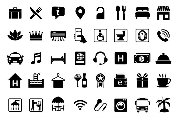 旅行和旅游图标设置。旅游矢量图标收集。城市酒店设施标志。包含空调、淋浴、音乐娱乐、支付方式等符号。图片下载