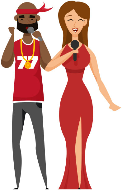几个拿着麦克风的歌手。卡通美国黑人男声，女声在二重唱图片下载