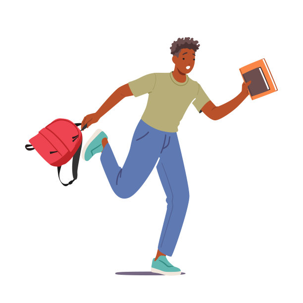 紧急概念与学生生活方式。学生男角色背着背包和书跑，迟到了图片下载