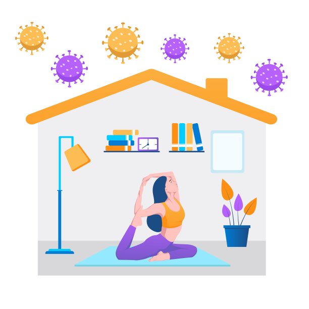 呆在家里插画概念。女孩角色做瑜伽。COVID-19大流行期间的自我隔离。图片下载