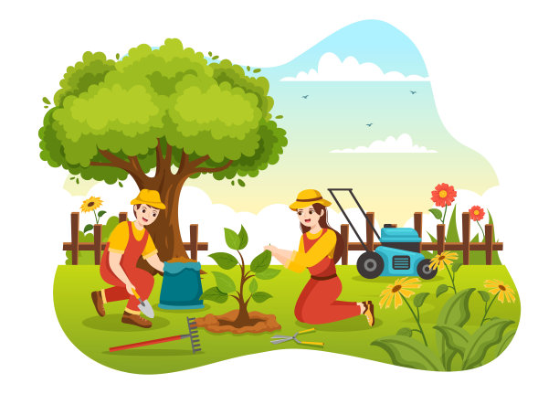 园丁插图与园艺工具，农业，种植蔬菜在植物夏季园艺平面卡通手绘的登陆页模板图片下载