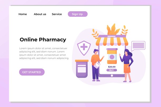 独特的现代平面设计理念在线药房网站和移动网站。登陆页面模板。易于编辑和定制。矢量图图片下载