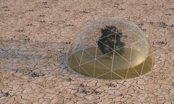 在沙漠地区的玻璃穹顶下的树- 3D插图图片下载