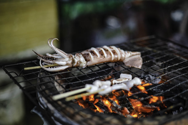 在木炭烤架上烤的新鲜串鱿鱼图片下载