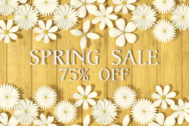 春季销售75折，黄色木材背景上有花图片下载