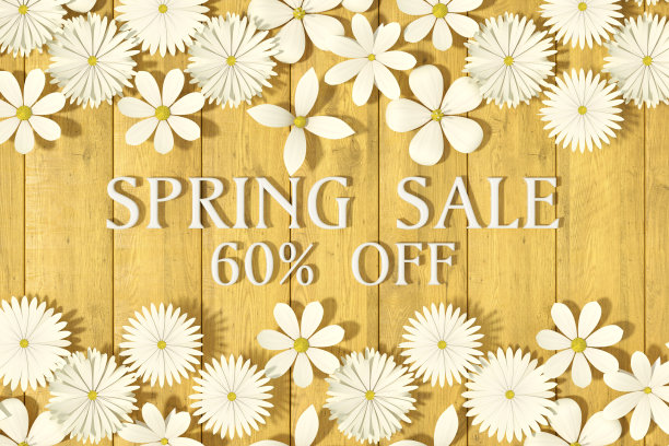春季销售6折，黄木背景上有花图片下载
