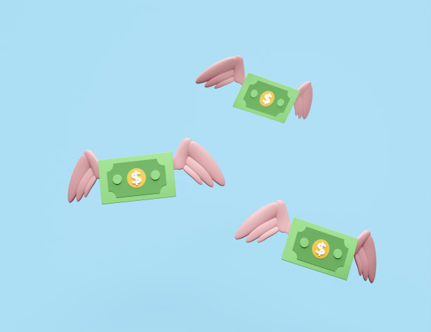 3d飞行的美元钞票翅膀孤立的蓝色背景。省钱财富经营理念，3d渲染插画图片下载