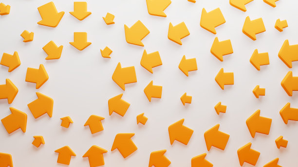 一组橙色箭头指向一个中心点，进步的概念，团队合作，领导，3d插图图片下载