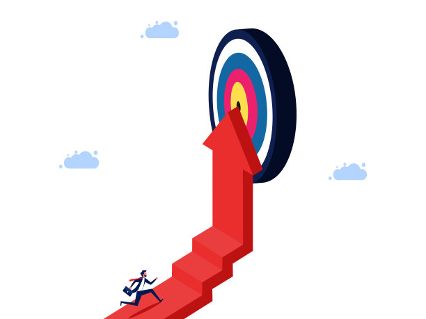 成功的步骤。商人跑上楼梯，箭指向目标图片下载