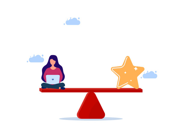 女人用笔记本电脑工作，秤上有星星。工作与工作质量的平衡图片下载